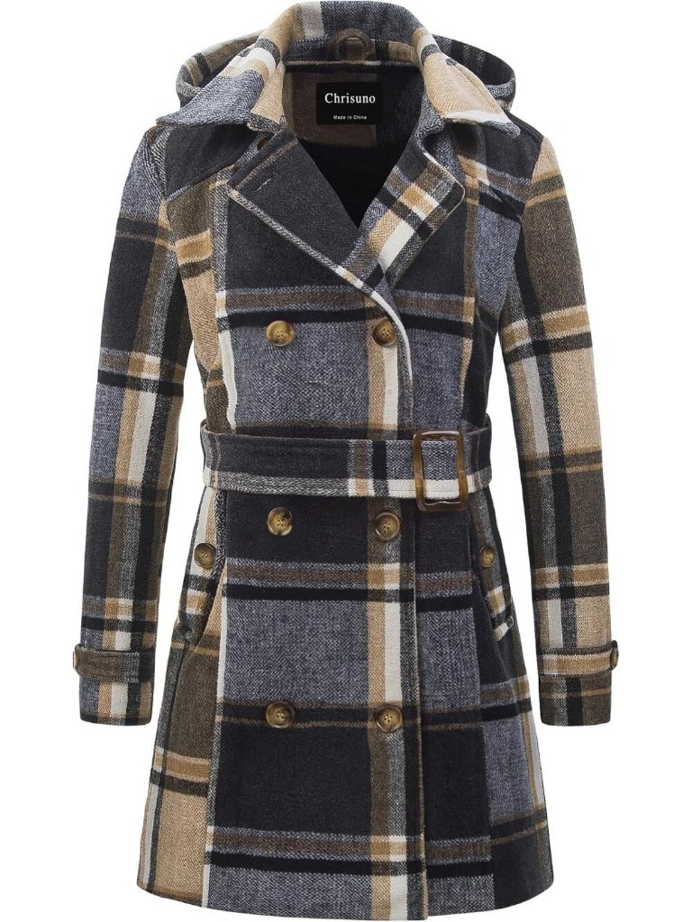 Women Yellow Plaid Detachable Hood Double Breasted Belted Mid-Length Trench Coat